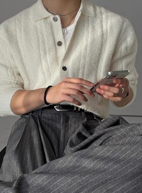 韩国男装代购翻领安哥拉时尚毛绒麻花纹设计师针织开衫外套CD1983