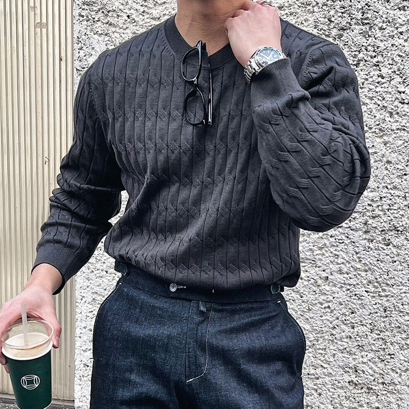 春秋新款韩国男装代购纯色麻花纹圆领套头宽松休闲针织衫男-CD530