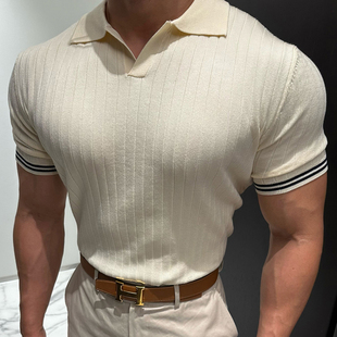 TS2974 魔吉达韩国男装 亚麻混纺弹力修身 轻熟风翻领针织短袖 T恤男