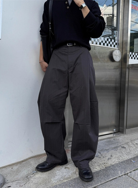 韩国男装代购SENNE半松紧掐褶设计条纹阔腿错位弧形休闲裤-PT3670