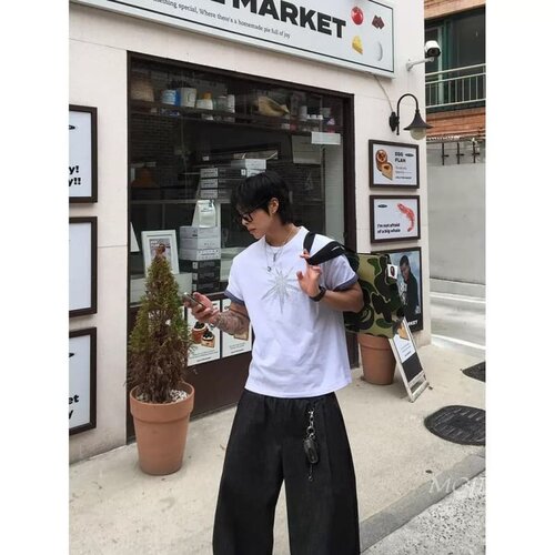韩国代购东大门男装星芒贴布做旧短袖复古半短款潮流衫T恤TS5888