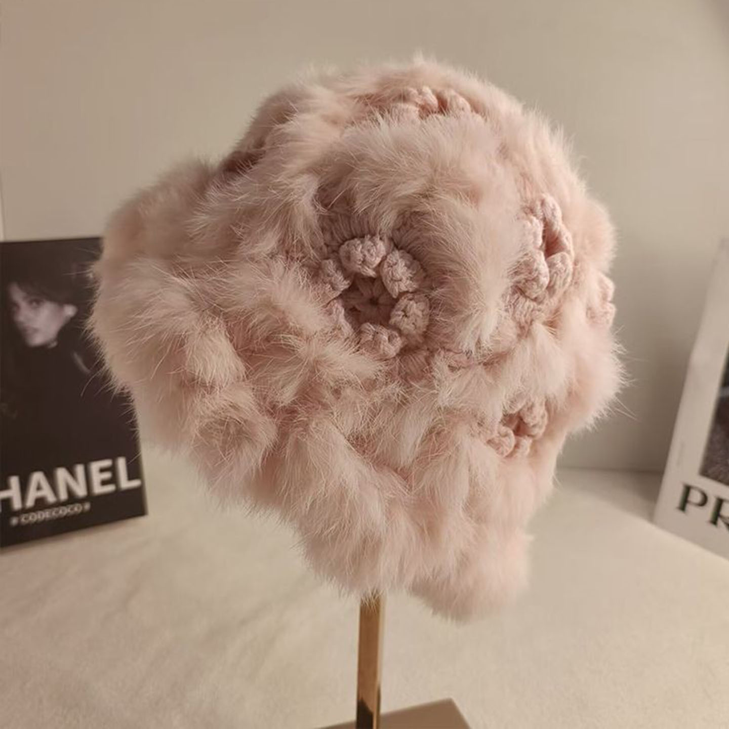 女手工钩针兔毛皮保暖毛线帽秋冬