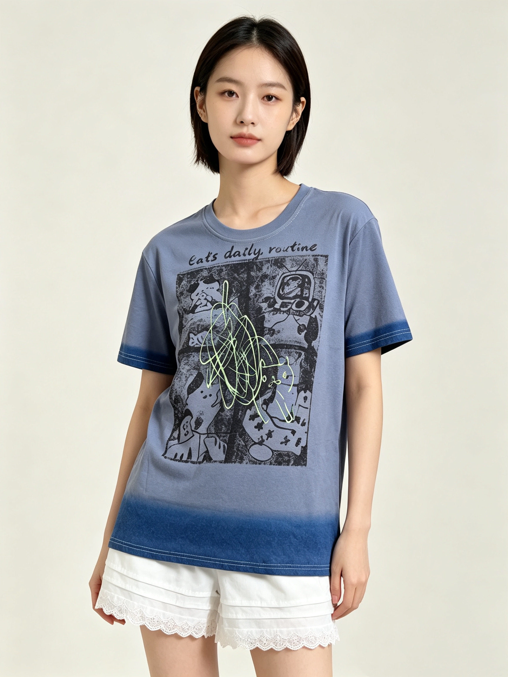 美式复古做旧水洗印花短袖t恤女夏季新款宽松显瘦上衣短裤套装