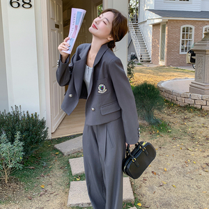 学院风徽章西装阔腿裤套装女2025春秋季新款高级感小众气质两件套图片