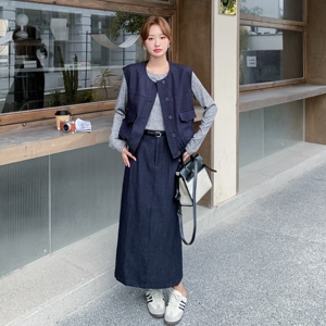 休闲工装马甲T恤半身裙套装女春秋2025新款盐甜系穿搭减龄三件套图片