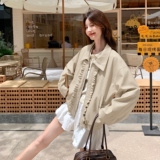 卡其色花边拼接工装短外套女2025秋季新款小个子超火流行夹克上衣，女装皮衣，2D073