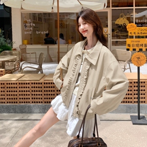 卡其色花边拼接工装短外套女2025秋季新款小个子超火流行夹克上衣图片