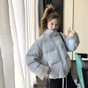 蓝色格子两面穿短款羽绒服外套女冬季2025新款千金感白鸭绒面包服图片
