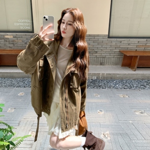 复古咖色工装夹克上衣女春秋2025新款超火好看高级小众宽松短外套图片