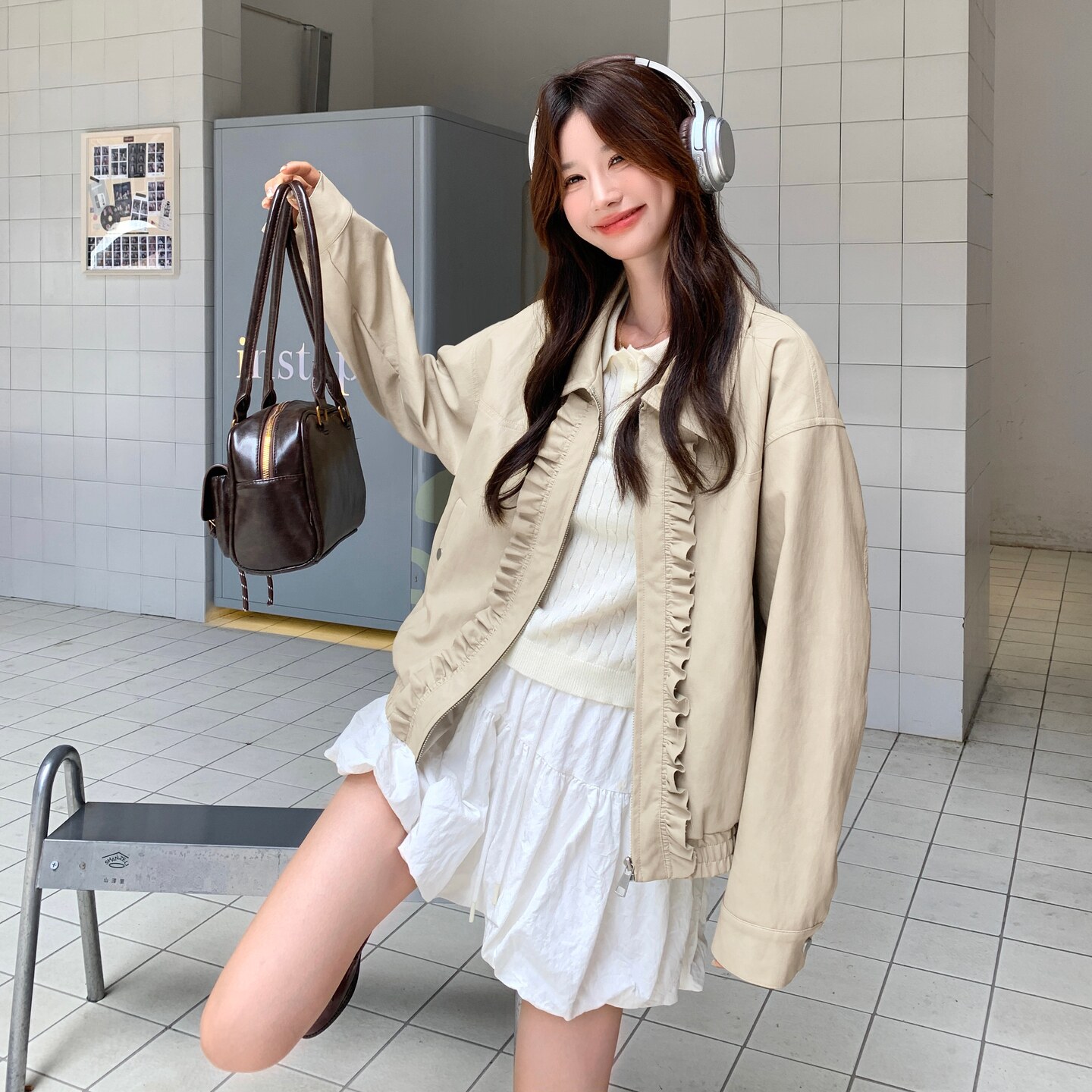 卡其色花边拼接工装短外套女2025秋季新款小个子超火流行夹克上衣,女装皮衣,2D073