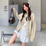 卡其色花边拼接工装短外套女2025秋季新款小个子超火流行夹克上衣，女装皮衣，2D073