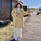黄色慵懒风牛角扣双面呢羊毛大衣女入冬2025新款中长款绝美厚外套，女装毛呢外套，2D073
