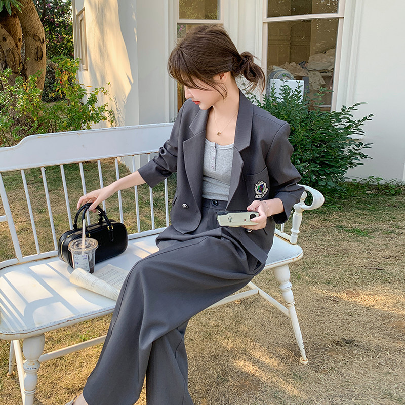 学院风徽章西装阔腿裤套装女2025春秋季新款高级感小众气质两件套,女装套装/套裙,2D073