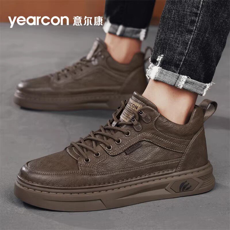 意尔康板鞋男2026新款春秋冬季加绒爆款百搭中帮高端男士休闲皮鞋
