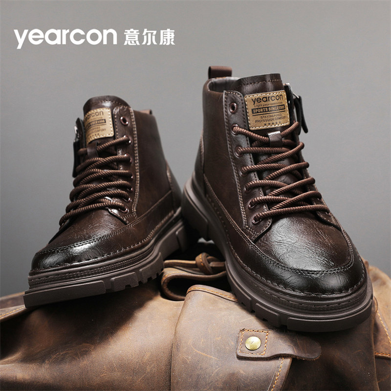 意尔康马丁靴男款冬季加绒棉鞋真皮英伦风复古高帮皮鞋机车工装鞋
