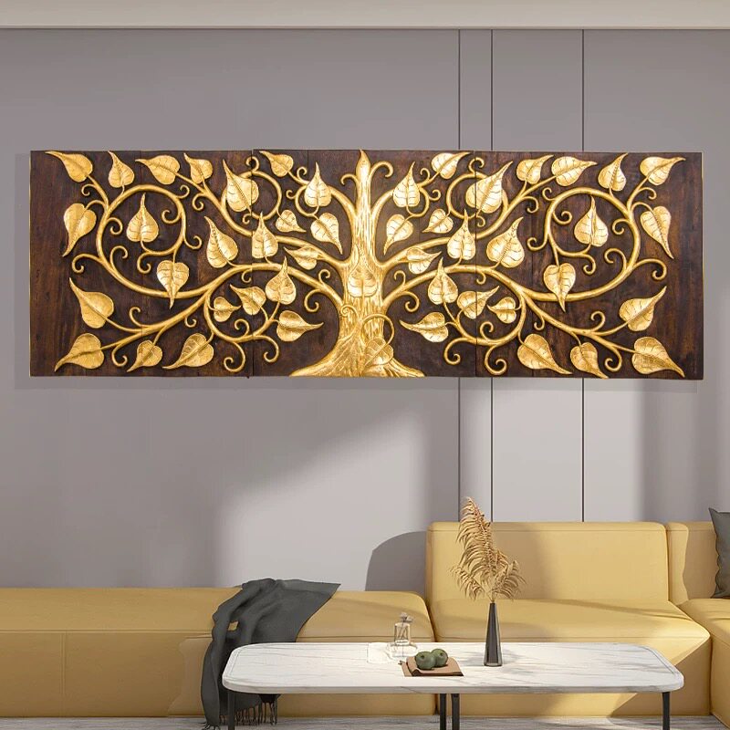 背景墙装饰品泰国柚木手工雕刻菩提树雕花板客厅会所壁饰泰式风格