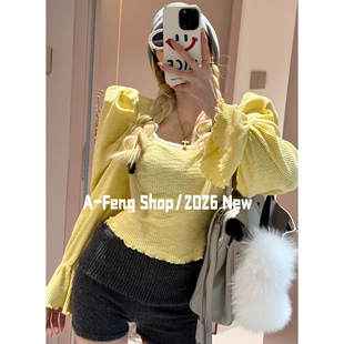 2026春季新款氛围感泡泡袖上衣内搭打底衫女性感修身长袖t恤女