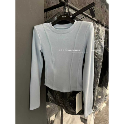 2025秋冬装圆领明线设计修身显瘦短款垫肩T恤磨毛内搭打底衫上衣