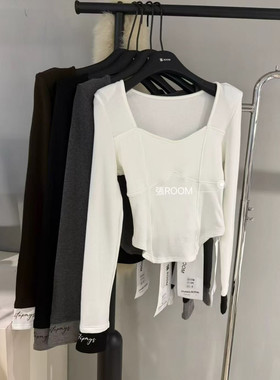 韩系纯欲风方领灰色长袖T恤女2026春季修身显瘦打底衫性感上衣ins