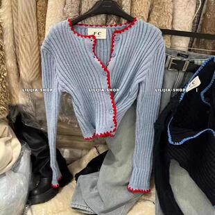 2024冬季新款洋气拼色花边不规则侧扣设计感通勤毛衣开衫针织衫潮