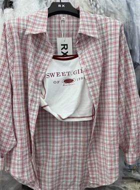 2025春夏款韩版百搭显瘦字母蕾丝吊带背心+格子衬衫套装92329