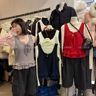 木耳边打底衫荷叶边叠穿针织马甲两件套装2025秋冬新款