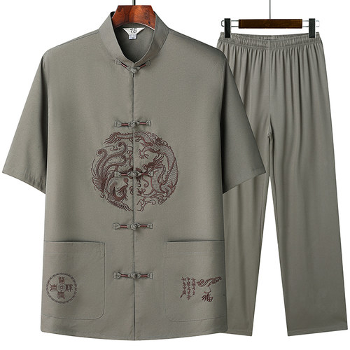 唐装棉麻短袖中老年爷爷汉服爸爸