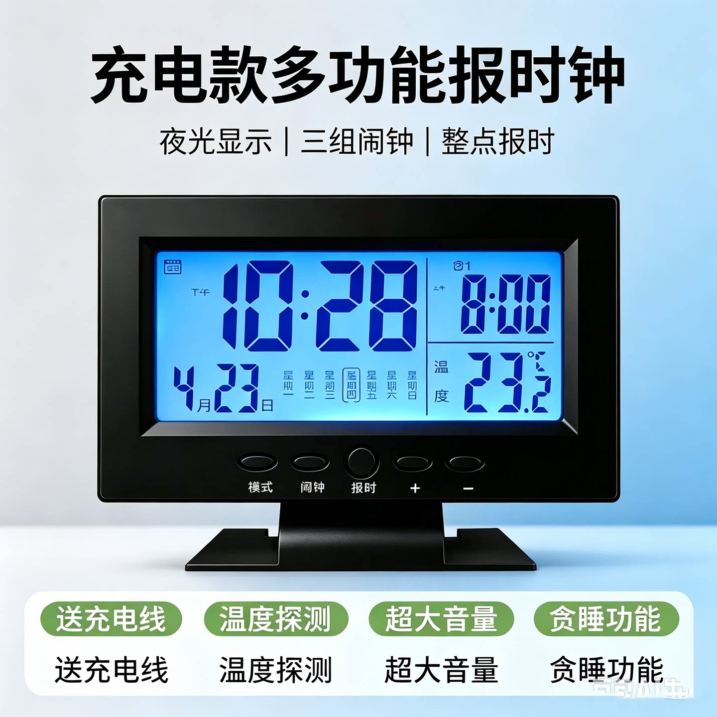 充电款多功能语音报时钟夜光显示图片