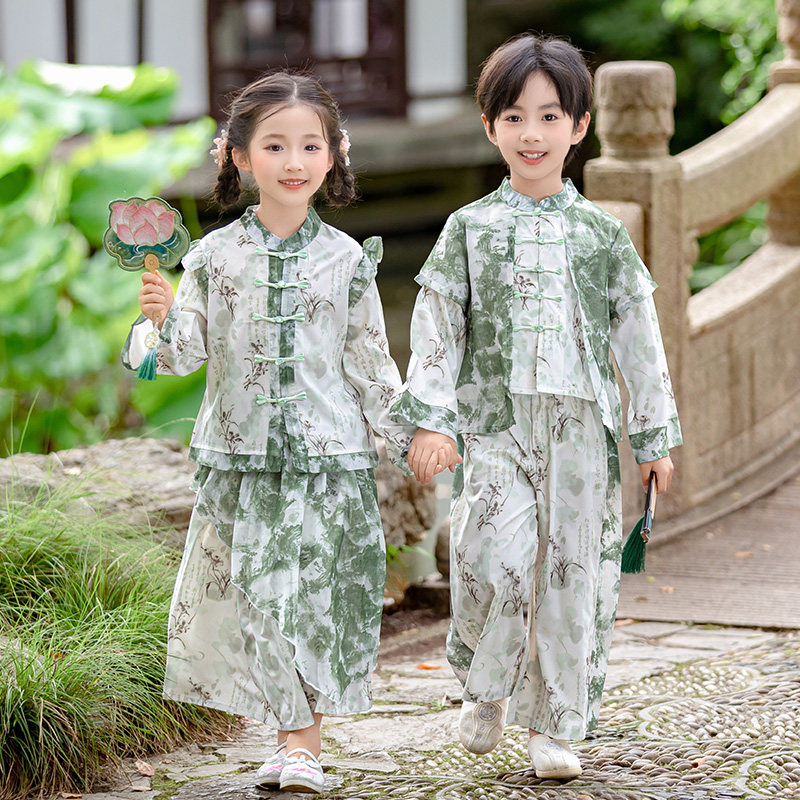 汉服男童新款唐装套装春秋古装女孩中国风改良薄款儿童表演服男生