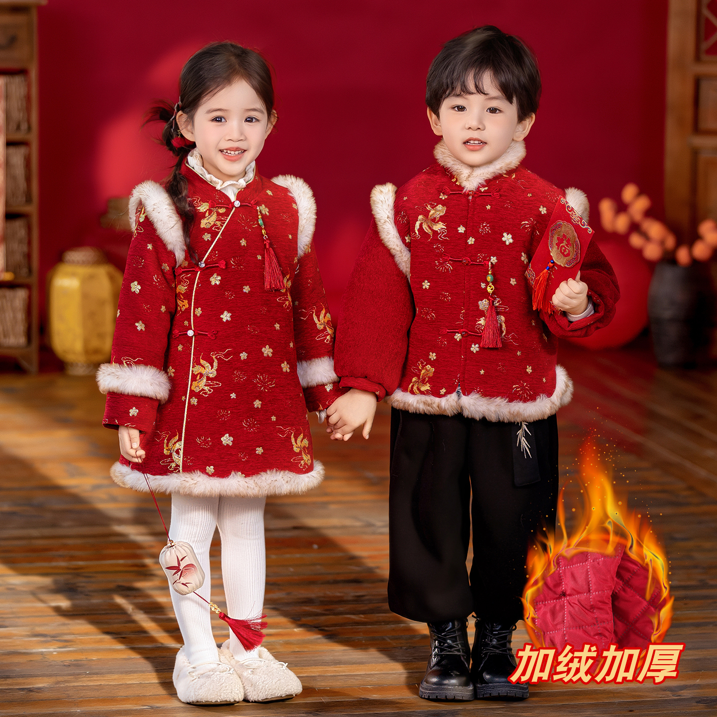 儿童国风唐装冬季加厚套装拜年服