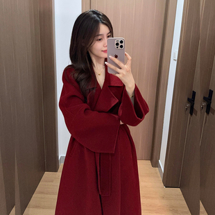 双面绵羊毛大衣女中长款系带收腰高级感气质结婚敬酒新娘毛呢外套