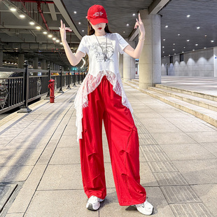 运动两件套爵士舞表演服 时尚 夏新款 印花蕾丝飘带T宽松阔腿弯刀裤