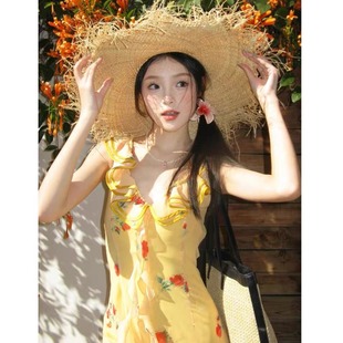 黄昏连衣裙吊带度假碎花绝美长裙边小裙海边黄色玫瑰花鱼尾多巴胺