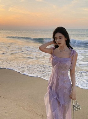 独特吊带气质仙女裙边紫色海边超仙亮片荷叶绝美鱼尾连衣裙度假裙