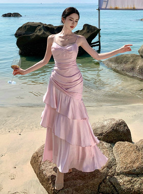 超仙绝美人鱼之歌光泽感缎面荷叶边吊带连衣裙氛围感度假出游仙裙