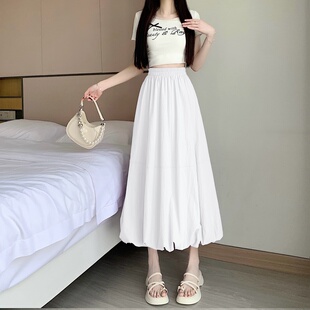 春夏百搭学院风纯色花苞半身裙中长款 有口袋A字长裙