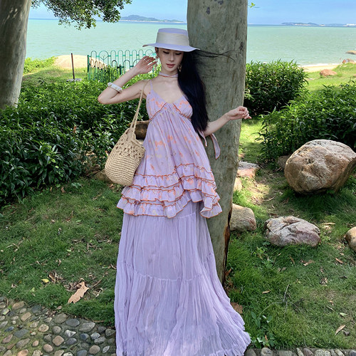 荷叶吊带裙V领印花裙夏日茶歇花边蛋糕上衣网纱半身裙套装
