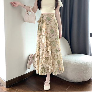 温柔风印花雪纺半身裙度假旅游沙滩花色一片式 系带围裙