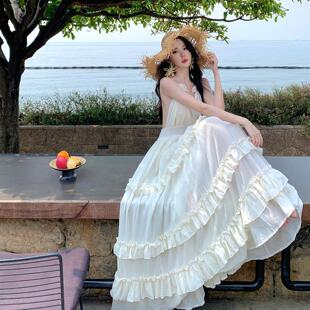 泰兰德棉麻 蛋糕裙V领收腰显瘦露背吊带南法挂脖连衣裙