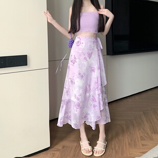 优雅印花荷叶边雪纺半身裙一片式 包臀裙防晒沙滩裙