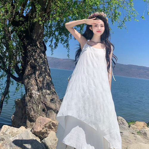 波西米亚民族风吊带连衣裙旅游度假穿搭不规则气质长裙超仙女