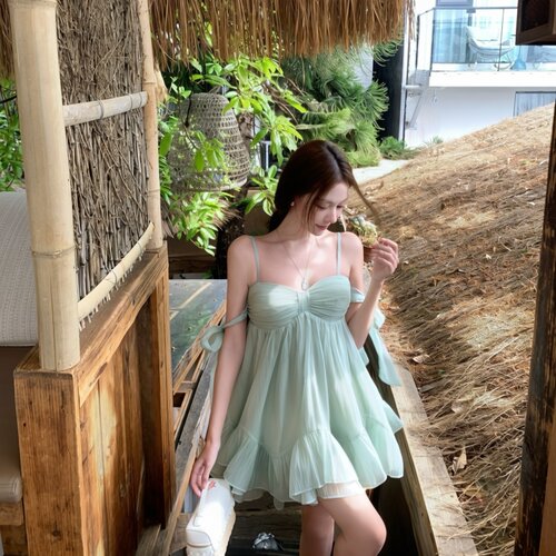 kubiliv恋夏薄荷法式少女蝴蝶结薄荷绿吊带短裙荷叶边连衣裙
