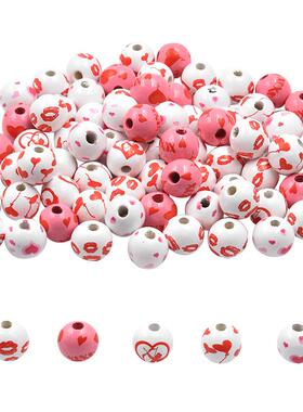 新款情人节木珠 爱心英文印花圆珠 红色气球彩色散珠现货批发
