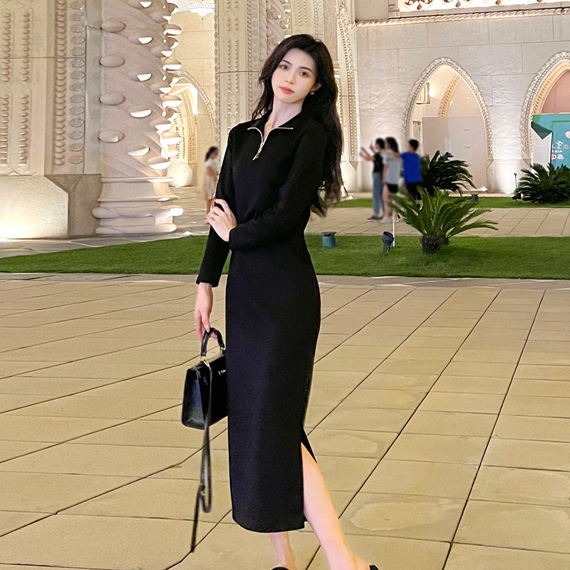 黑色长袖连衣裙女2026秋冬新款修身显瘦休闲开叉卫衣裙打底长裙子