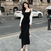 莫代尔吊带连衣裙女2026春夏微胖显瘦气质黑色长裙胖mm裙高腰设计