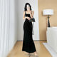 新款 高级感法式 复古金丝绒吊带连衣裙女秋冬2025秋季 显瘦鱼尾长裙