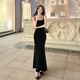 高级感赫本风法式 黑色金丝绒吊带连衣裙女2025秋季 新款 气质长裙子