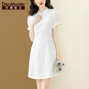 丹慕妮尔白色改良旗袍连衣裙女夏新款立领气质新中式提花裙子