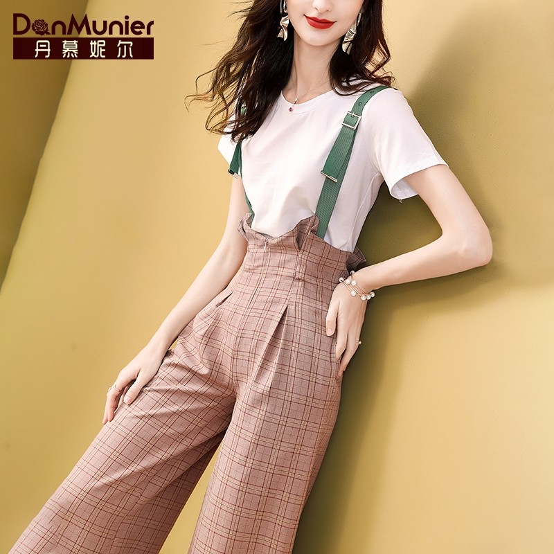 丹慕妮尔格子背带裤套装女2023新款夏洋气减龄白T恤阔腿裤两件套