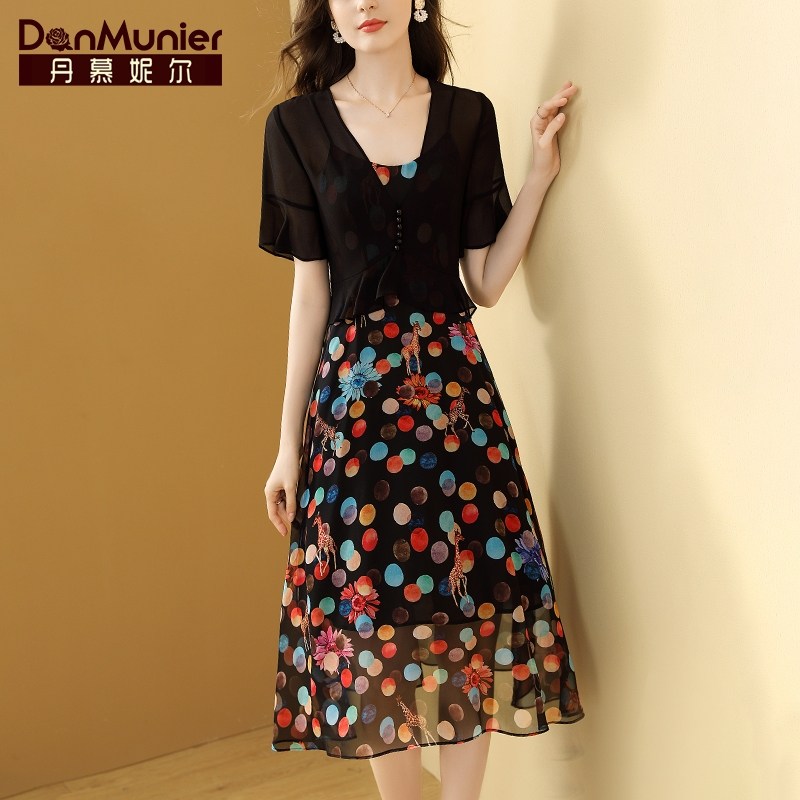 丹慕妮尔小披肩假两件雪纺连衣裙女夏装2023新款圆点印花拼接裙子